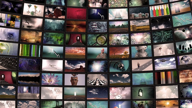 wall of television screens